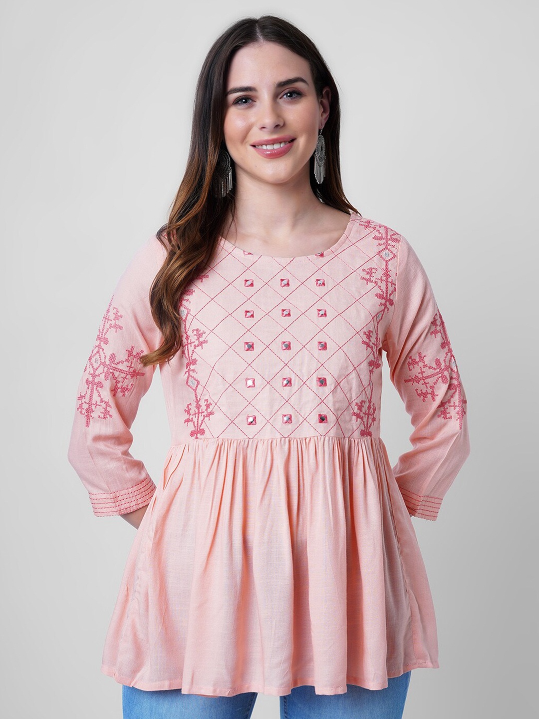 

NITVAN Embroidered Mirror Work Kurti, Pink