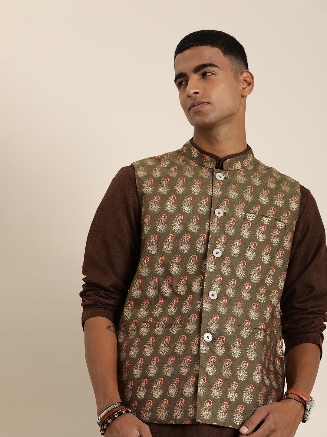 

Taavi Men Pure Cotton Floral Printed Festive Nehru Jacket, Olive