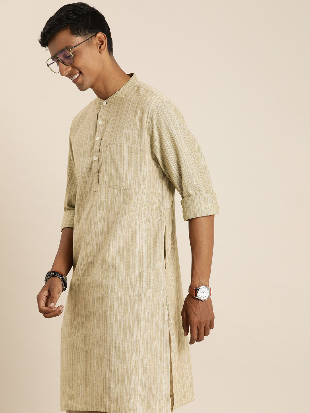

Taavi Embellished Woven Legacy Pure Cotton Kurta With Sheen Detail, Beige