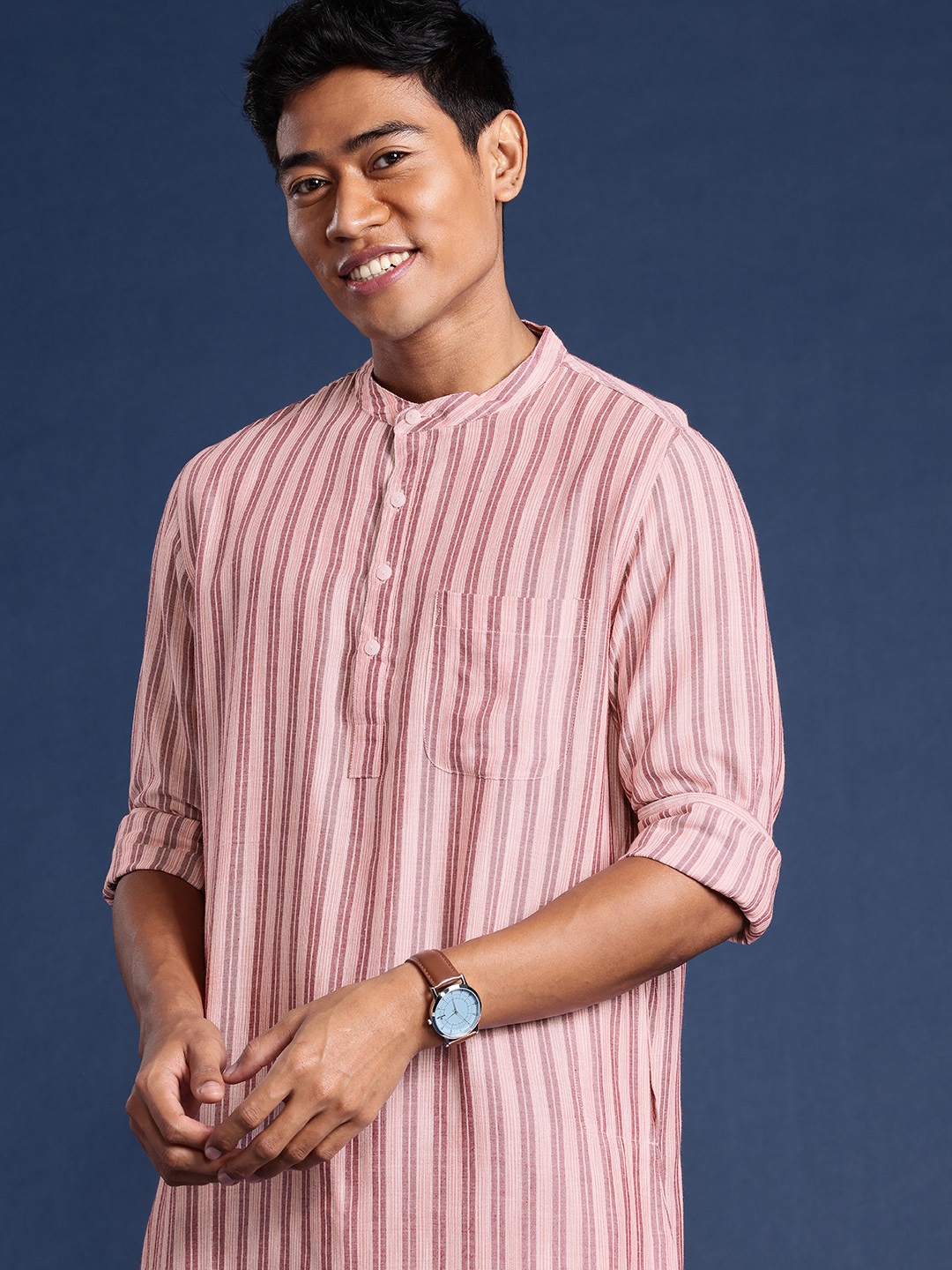 

Taavi Men Striped Regular Pure Cotton Woven Legacy Kurta With Trousers, Pink