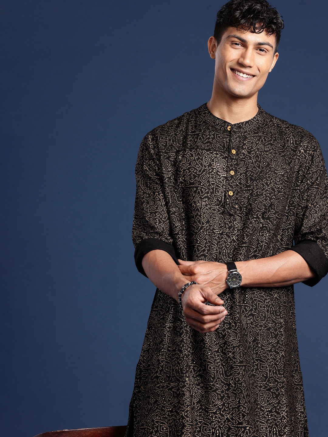 

Taavi Sanganeri Block Print Pure Cotton Geometric Printed Kurta, Black