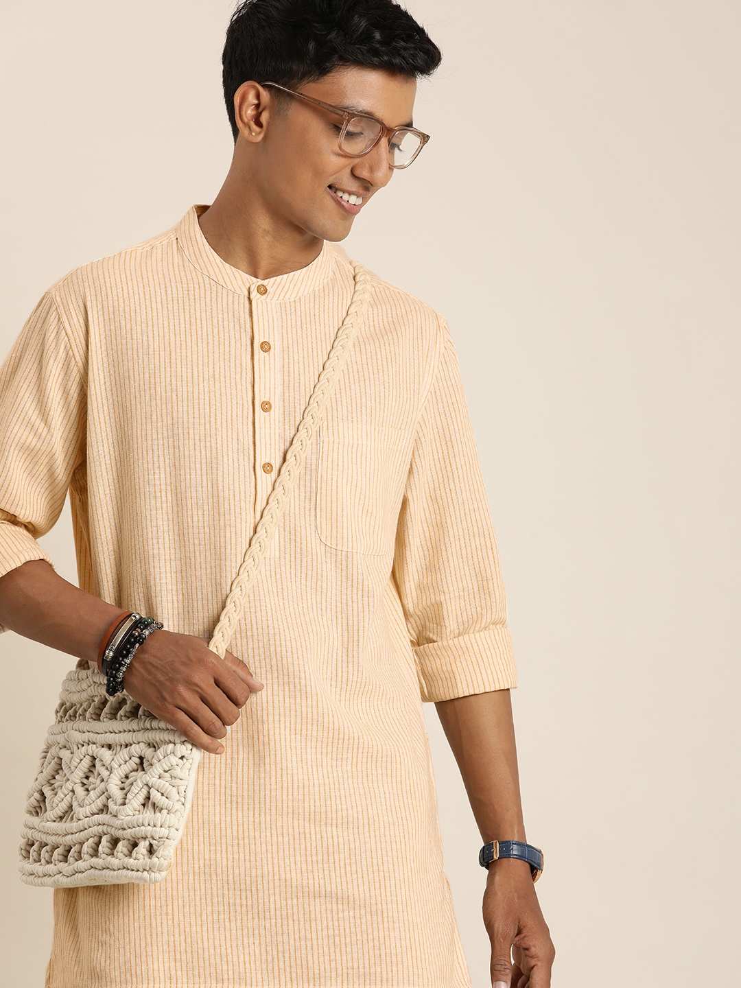 

Taavi Striped Woven Legacy Pure Cotton Kurta, Orange