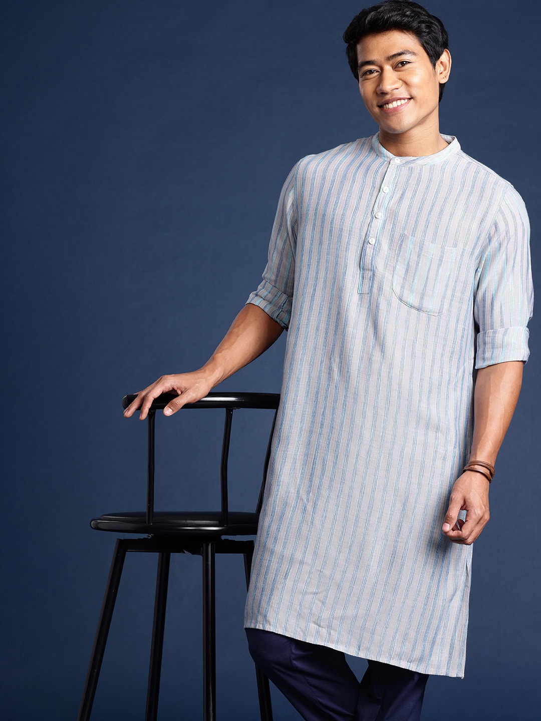 

Taavi Men Woven Legacy Pure Cotton Striped Kurta with Trousers, Blue