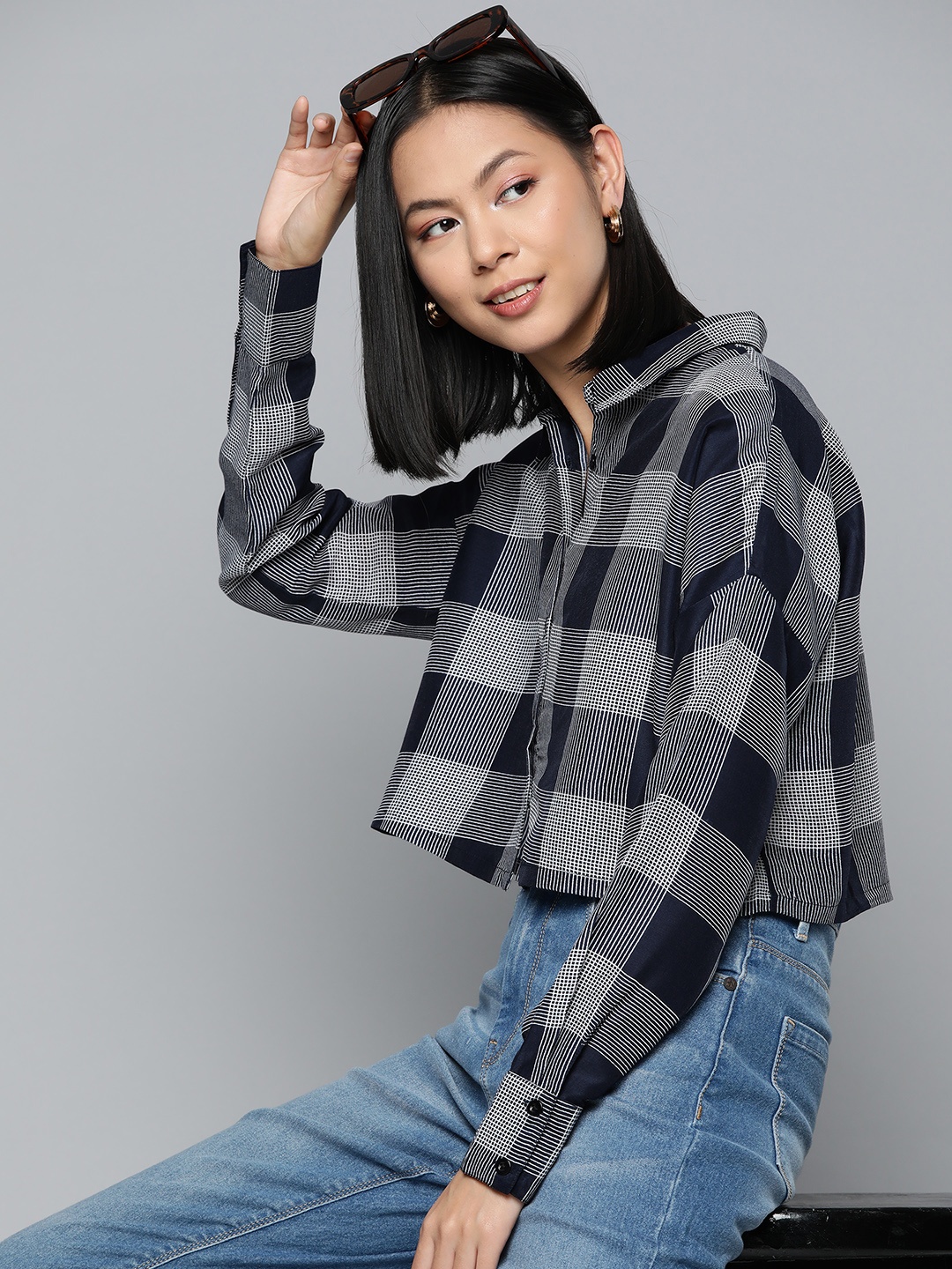 

HERE&NOW Women Classic Boxy Checked Casual Shirt, Blue