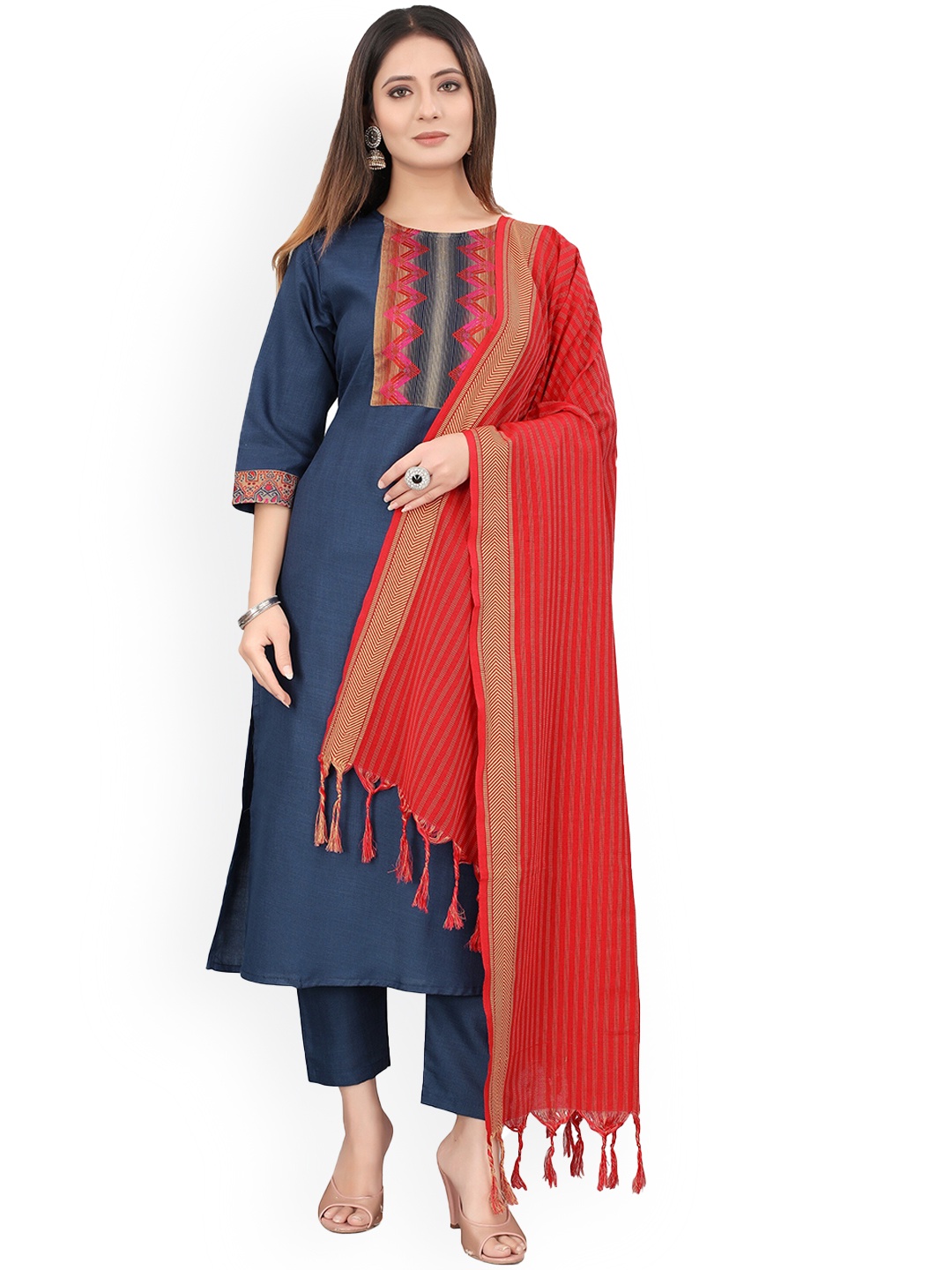 

Atsevam Embroidered Thread Work Kurta with Trousers & With Dupatta, Blue