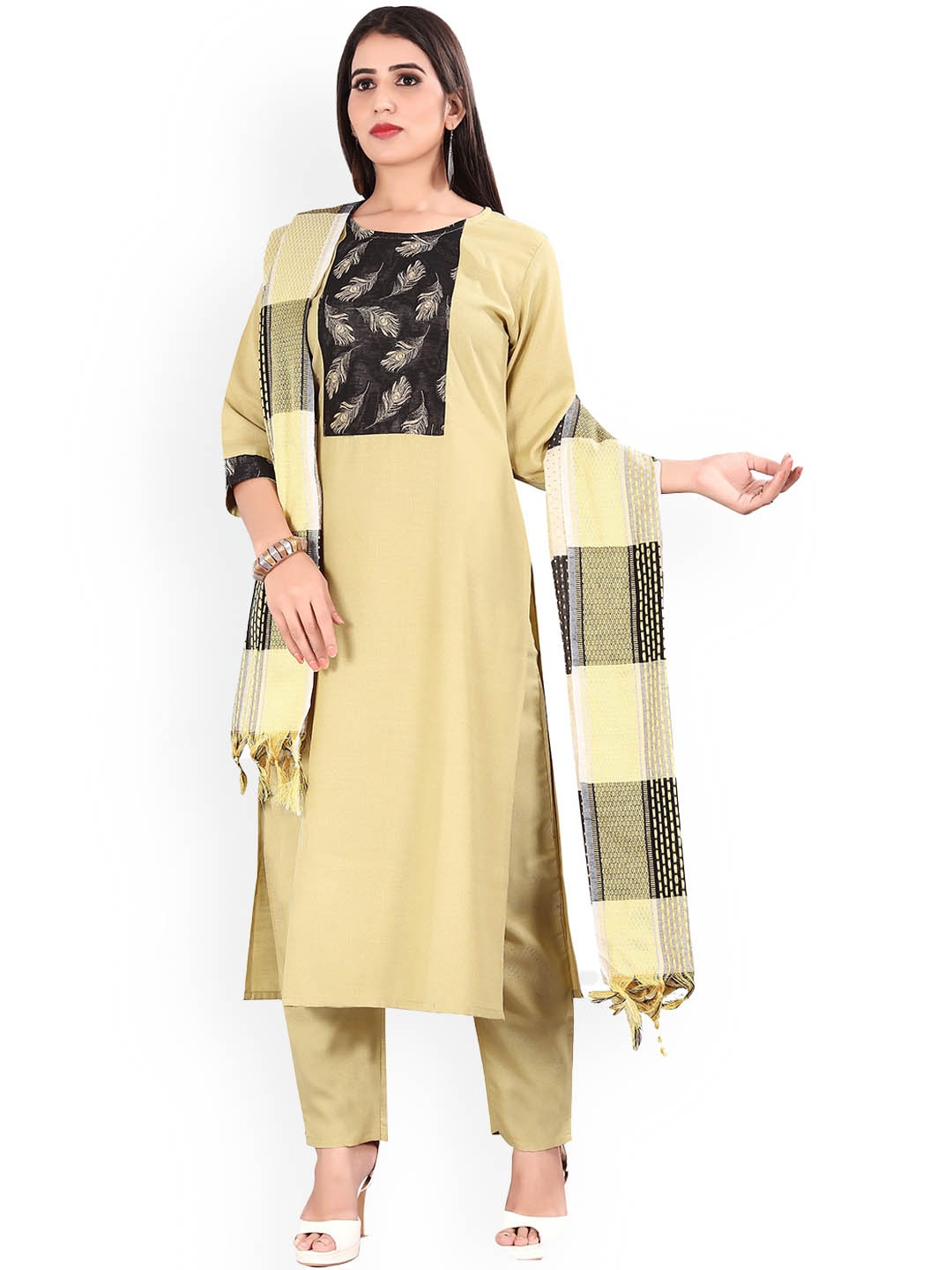 

Atsevam A-Line Kurti with Trousers & With Dupatta, Cream