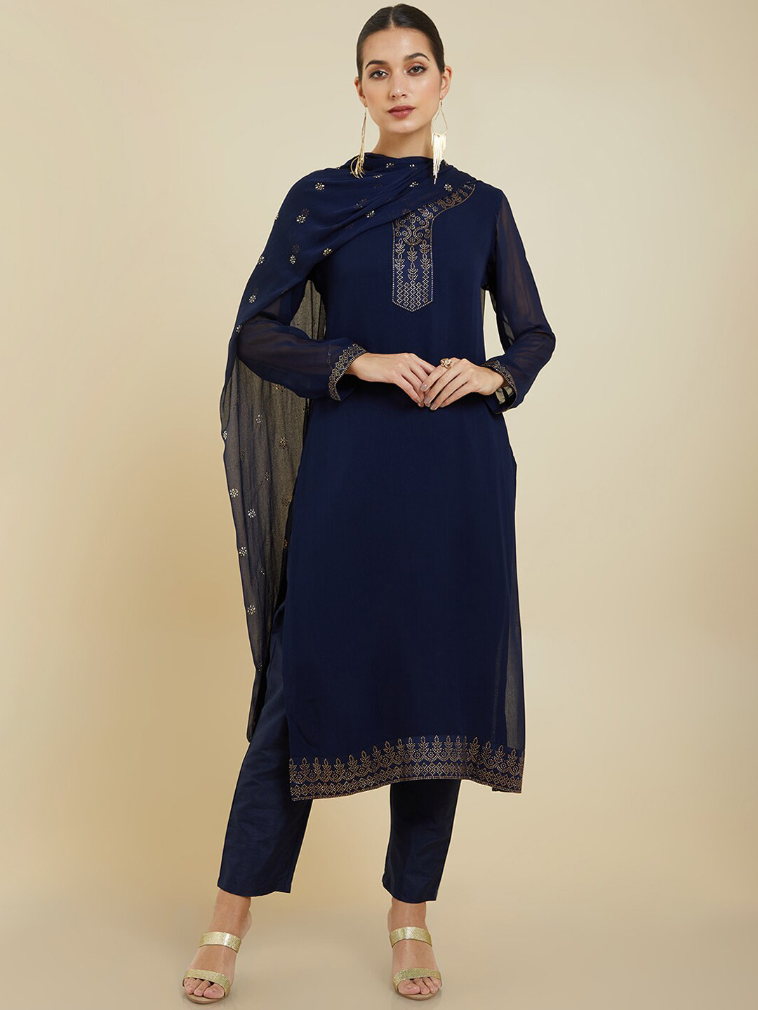 

Soch Women Yoke Design Beads and Stones Silk Georgette Kurta with Trousers & With Dupatta, Navy blue