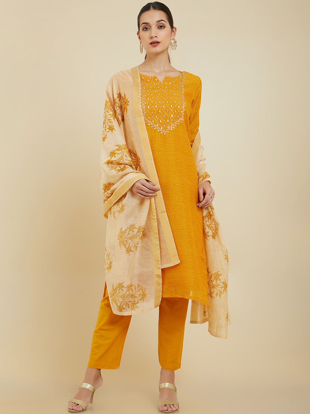 

Soch Women Ethnic Motifs Printed Chanderi Silk Kurta with Trousers & With Dupatta, Yellow