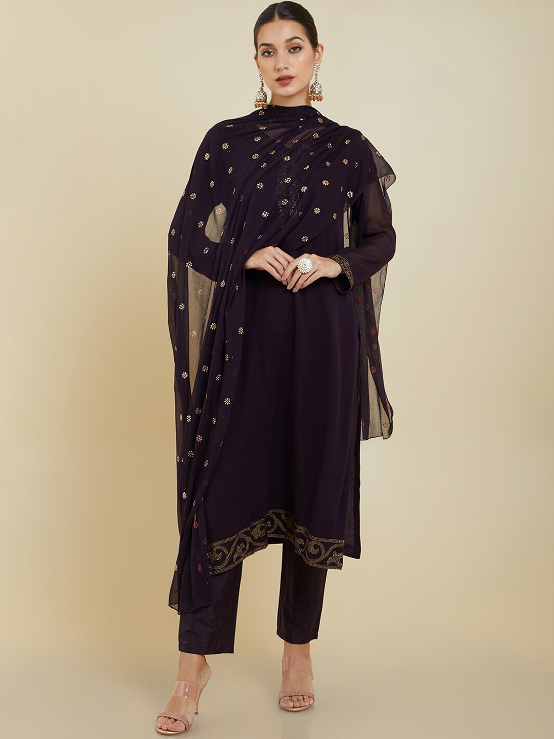 

Soch Women Beads and Stones Silk Georgette Kurta with Trousers & With Dupatta, Purple