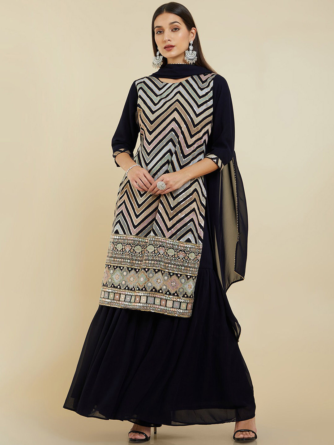 

Soch Women Embroidered Thread Work Silk Georgette Kurta with Sharara & With Dupatta, Navy blue