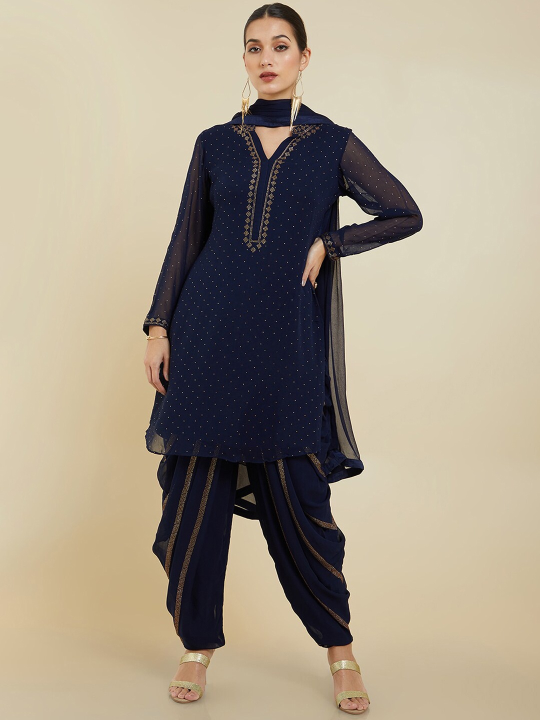 Soch Women Ethnic Motifs Silk Georgette Kurta with Dhoti Pants & With Dupatta, Navy blue