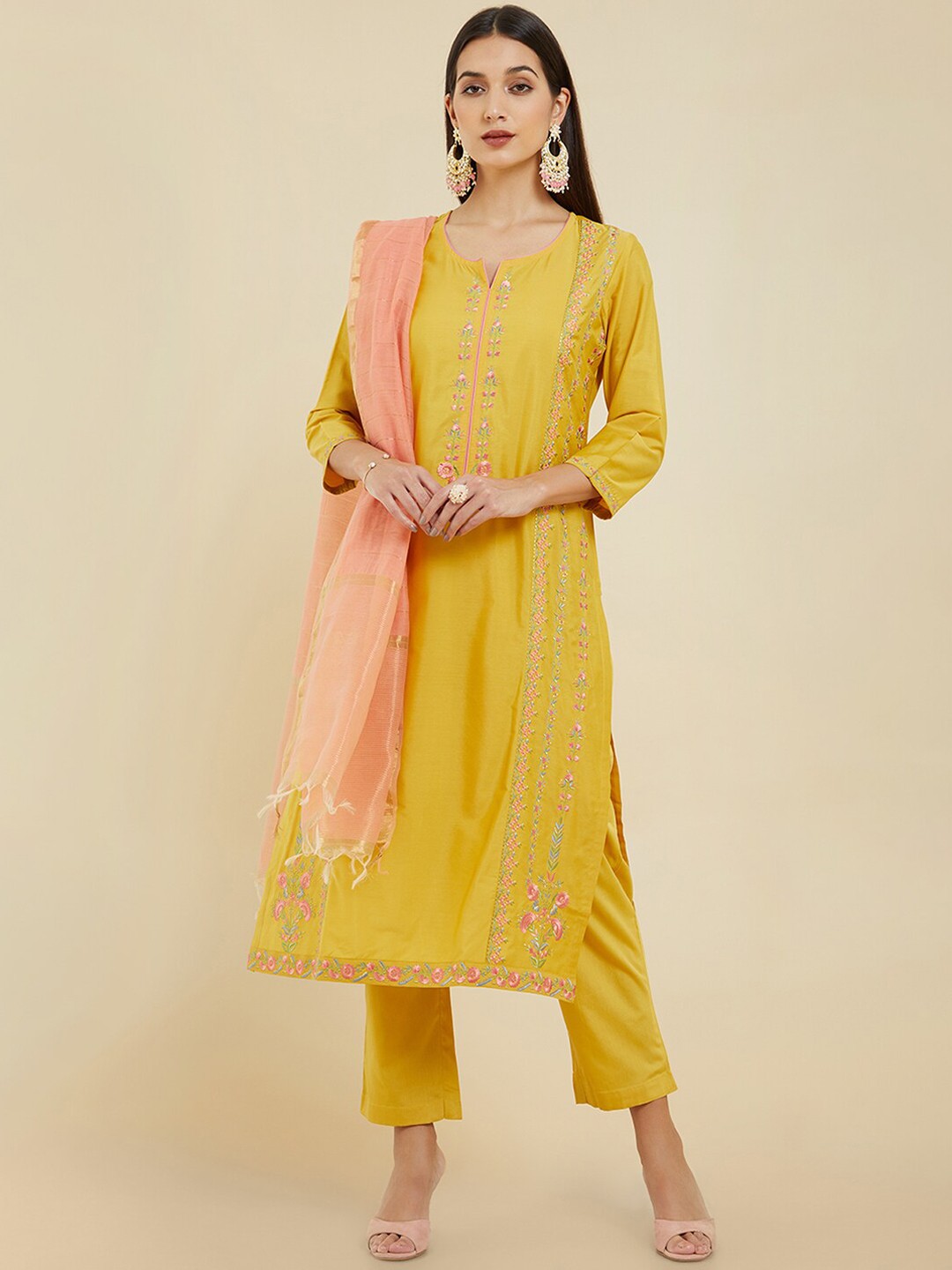 

Soch Women Floral Embroidered Thread Work Kurta with Trousers & With Dupatta, Mustard
