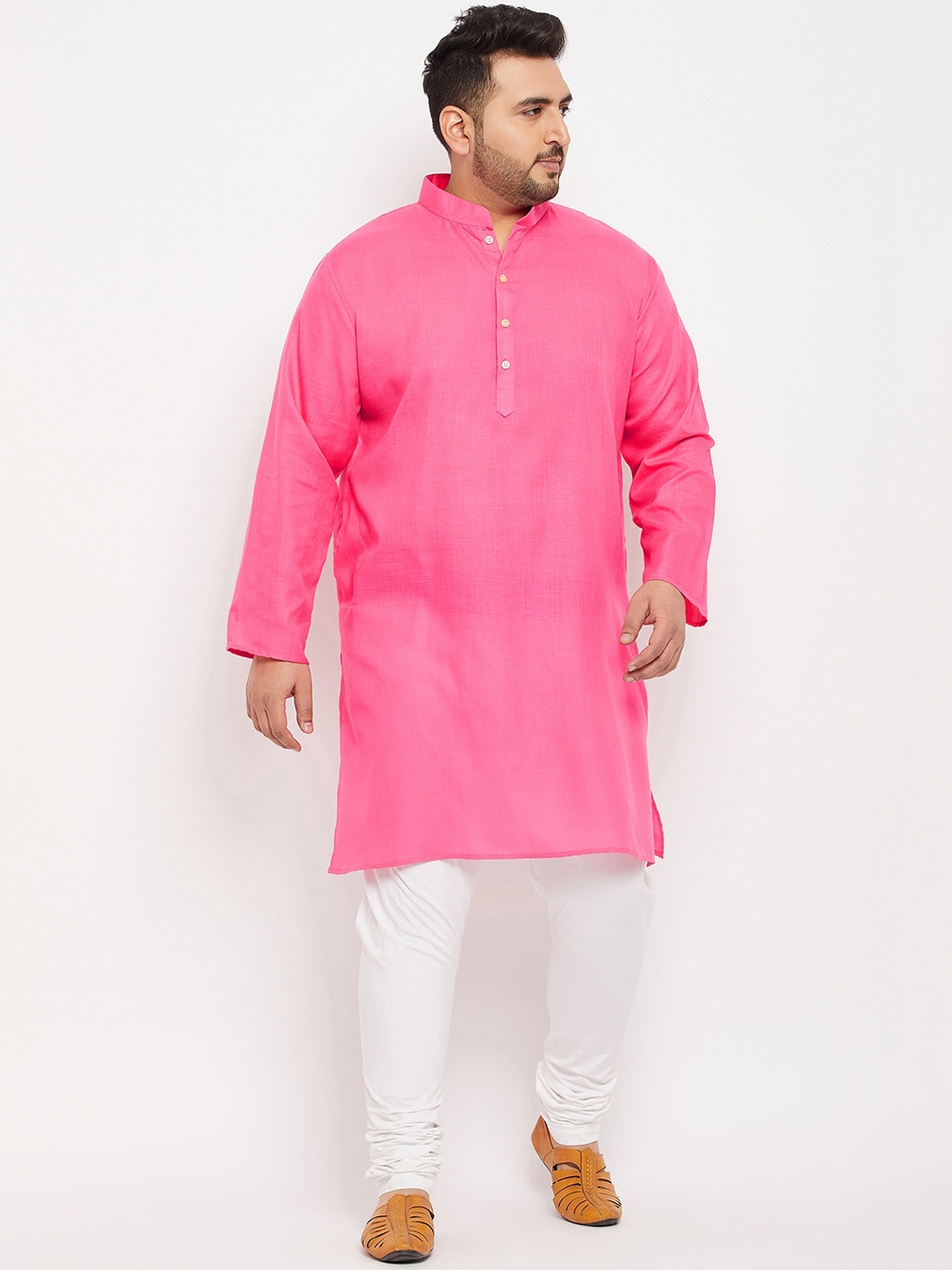 

bigbanana Plus Size Mandarin Collar Regular Fit Cotton Kurta, Pink