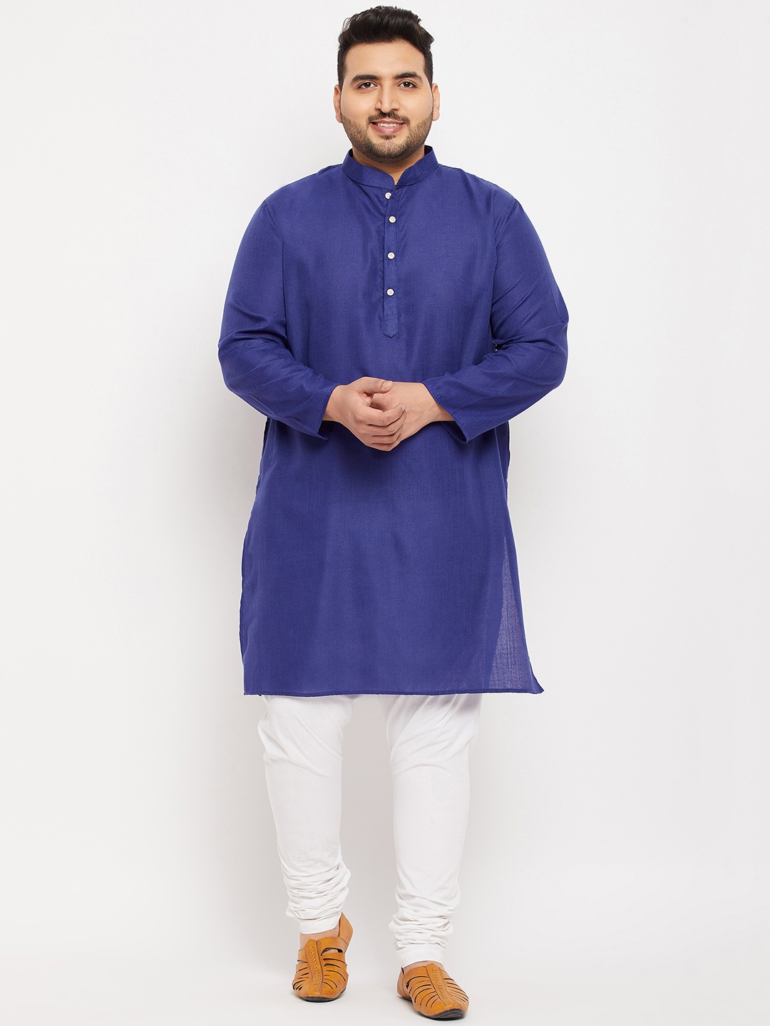 

bigbanana Plus Size Mandarin Collar Long Sleeves Cotton Kurta, Blue