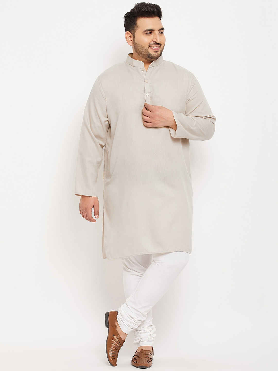 bigbanana Plus Size Mandarin Collar Long Sleeve Kurta, Off white