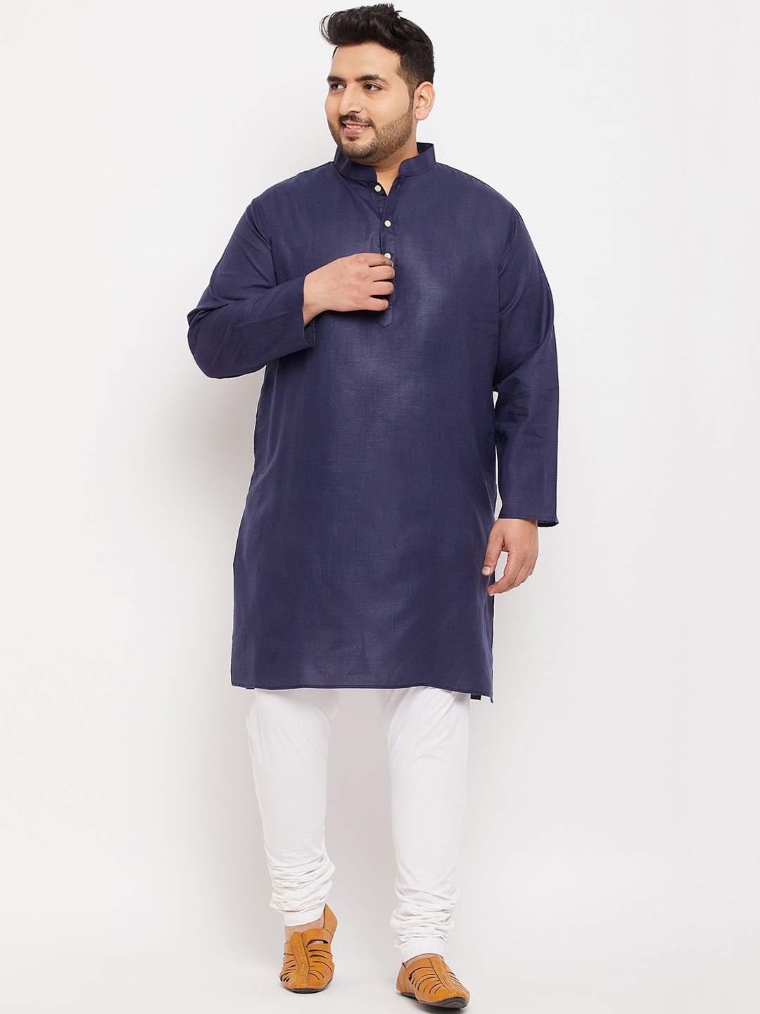 bigbanana Plus Size Mandarin Collar Long Sleeve Kurta, Navy blue