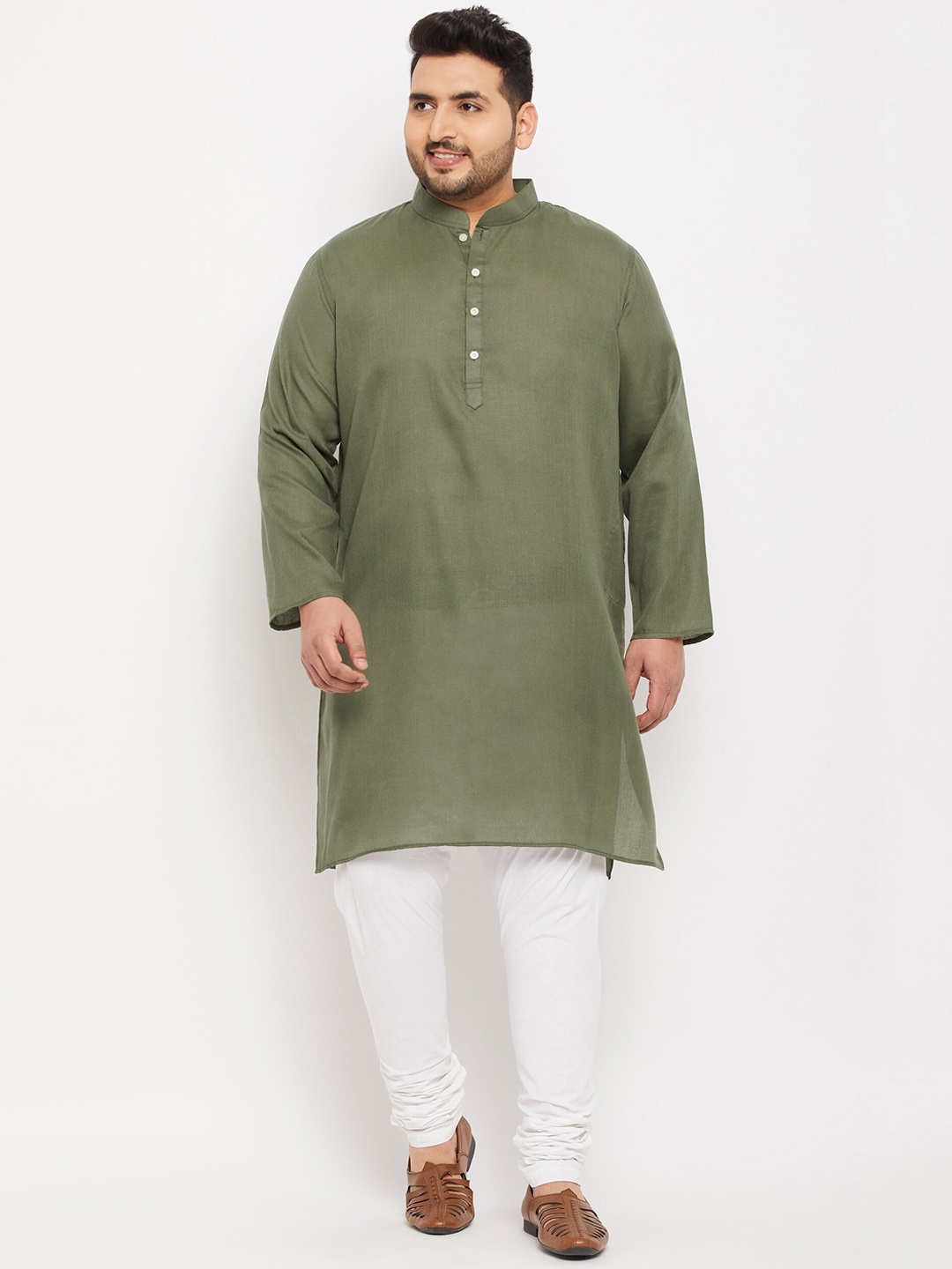

bigbanana Plus Size Mandarin Collar Long Sleeve Kurta, Olive