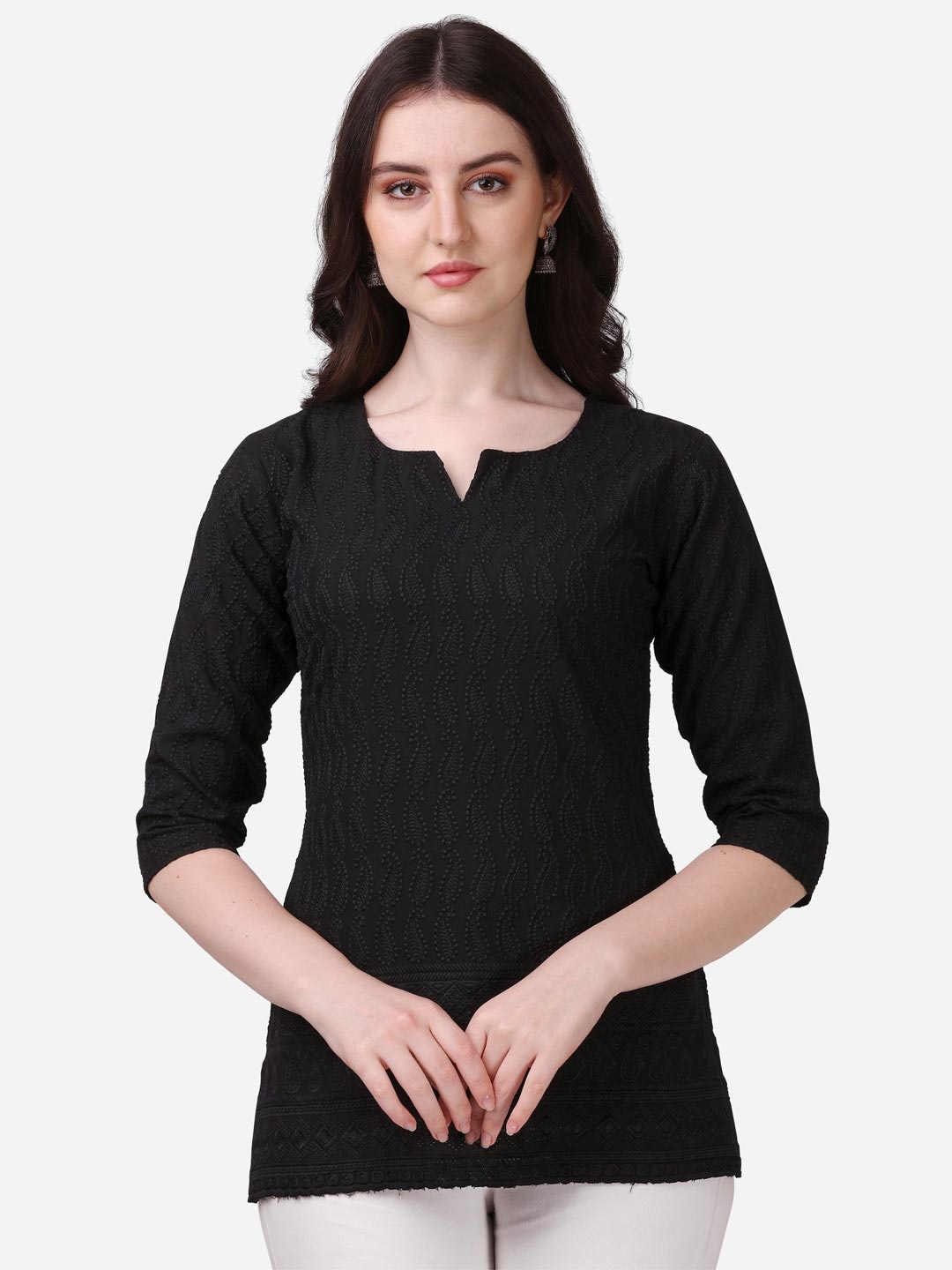 

DEETYA ARTS Woman Chikankari Embroidery Rayon Top, Black