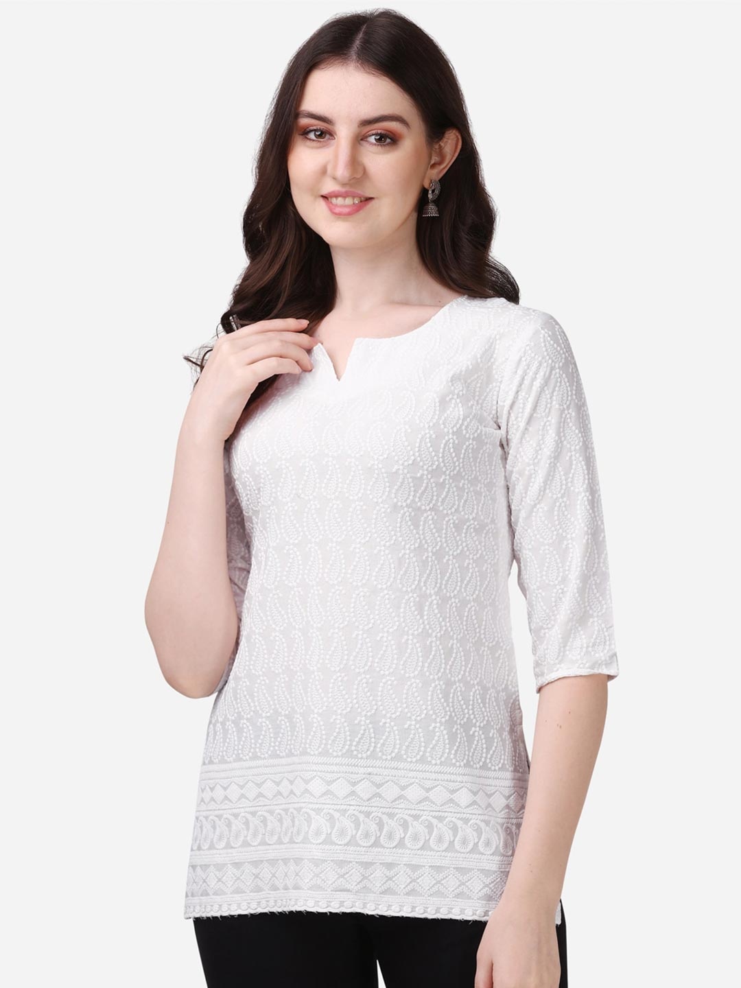 

DEETYA ARTS Woman Chikankari Embroidery Rayon Top, White