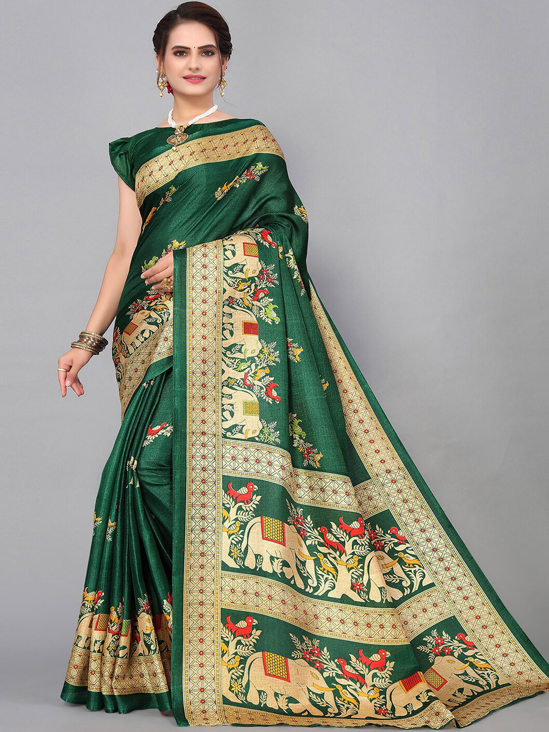 

KALINI Ethnic Motifs Printed Bordered Saree, Green