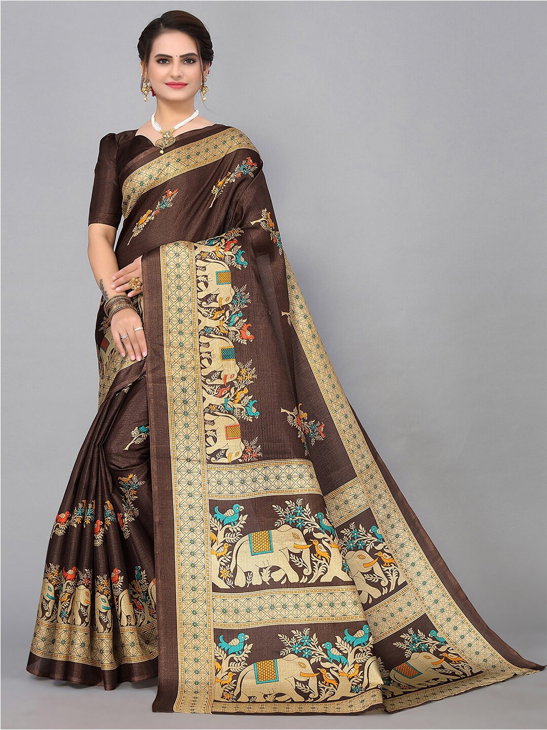 

KALINI Ethnic Motifs Printed Bordered Saree, Brown