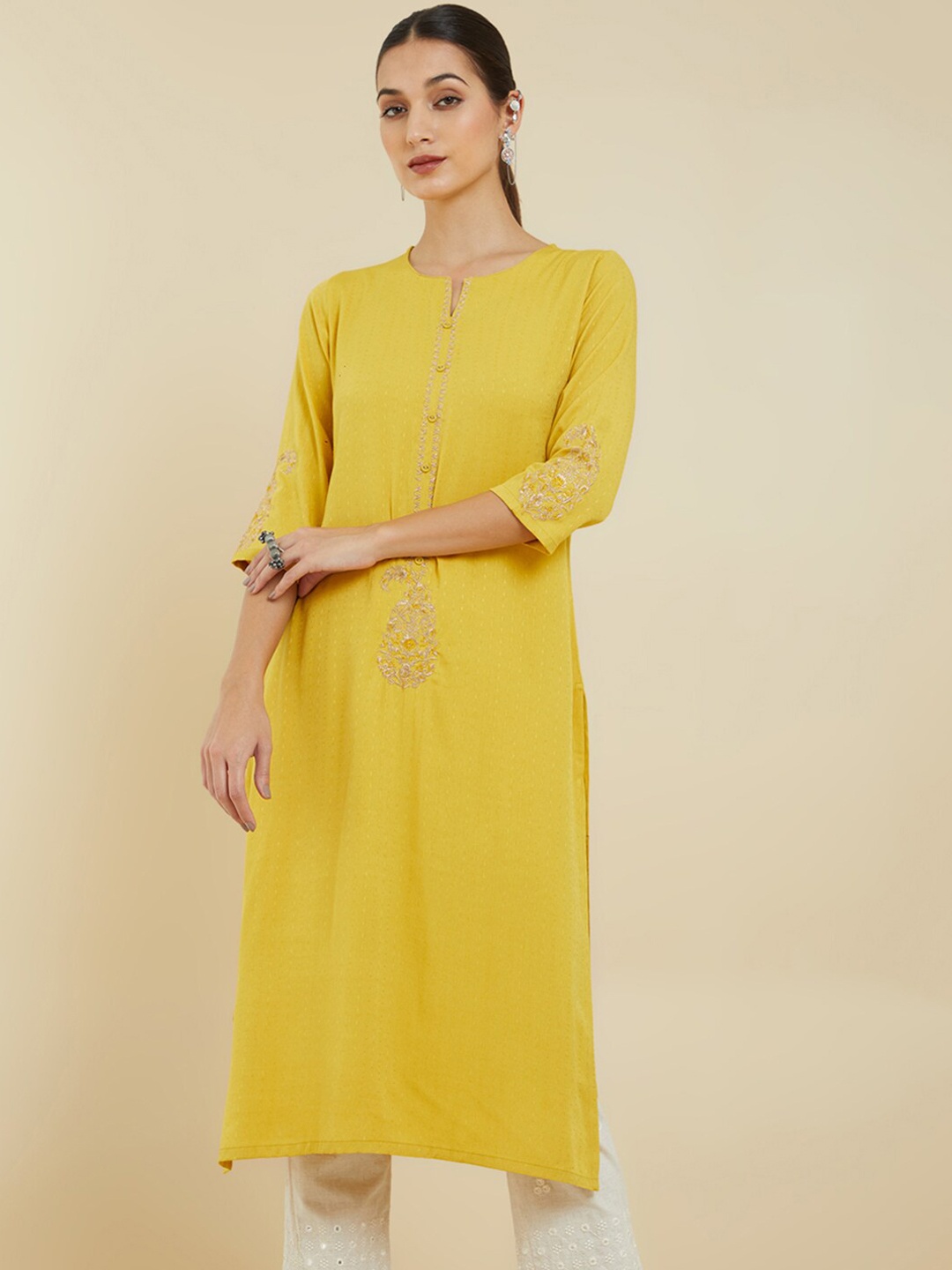 

Soch Embroidered Notched Neck Straight Kurta, Mustard