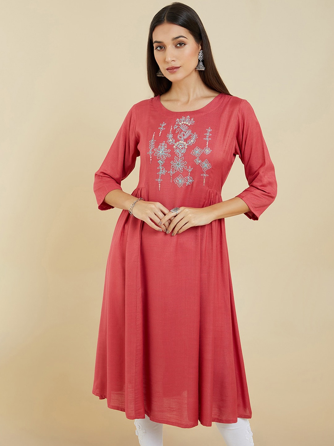 

Soch Ethnic Motifs Yoke Design Thread Work Anarkali Kurta, Pink