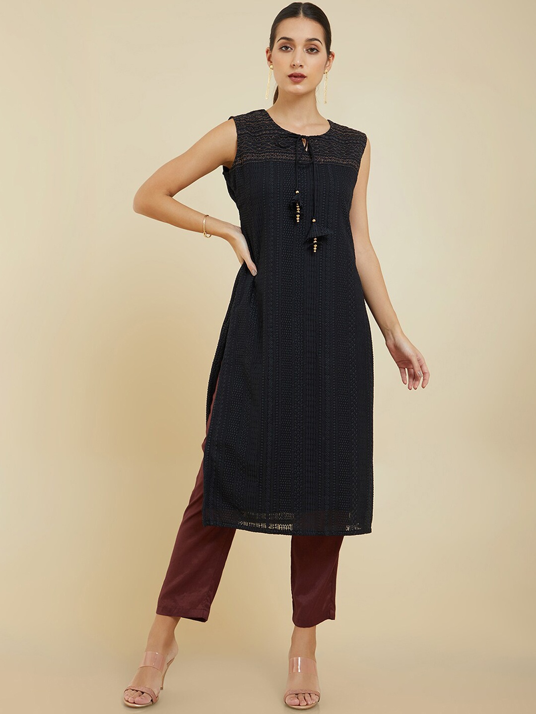 

Soch Floral Embroidered Thread Work Georgette Straight Kurta, Black