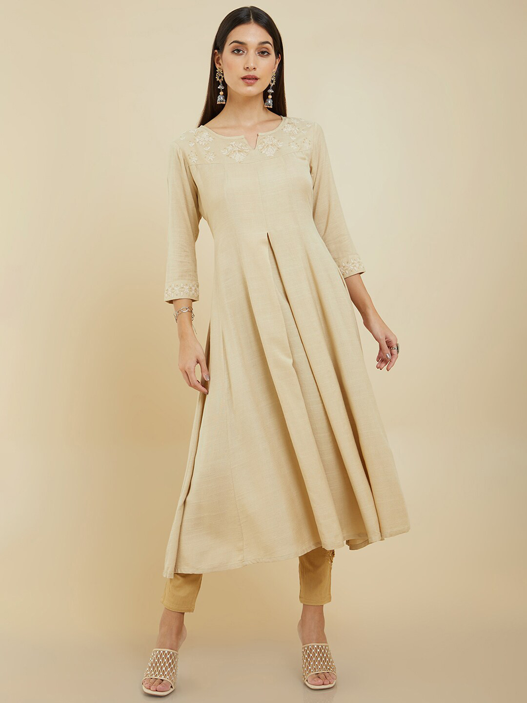 

Soch Floral Embroidered Anarkali Pleated Kurta, Beige