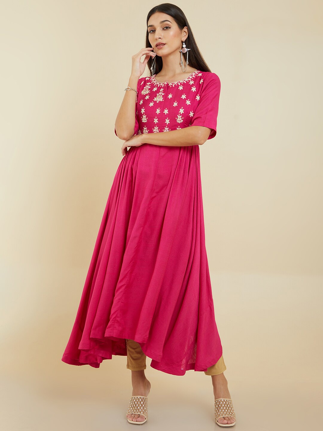 Soch Floral Yoke Design Thread Work Anarkali Kurta, Fuchsia
