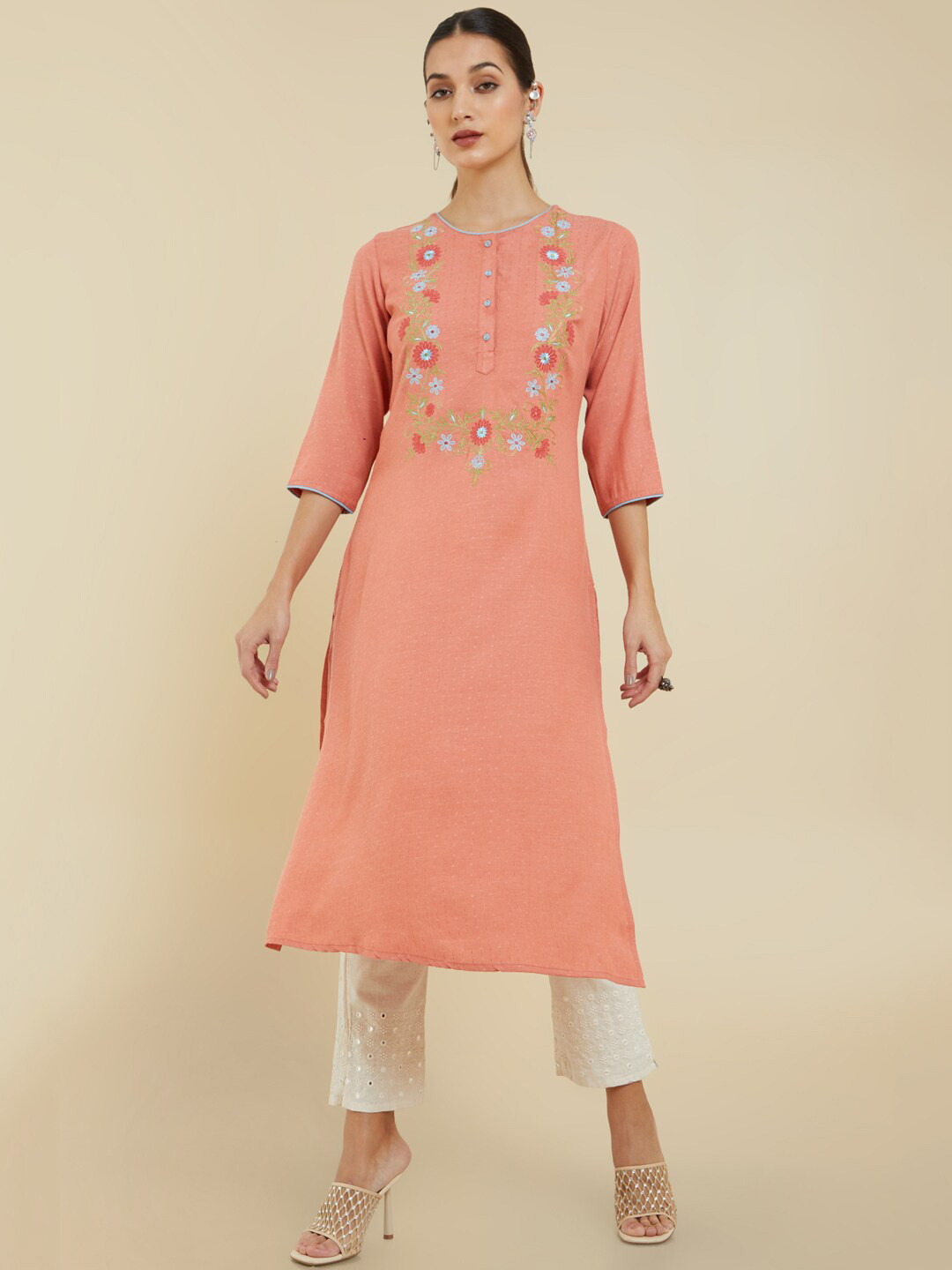 

Soch Women Floral Embroidered Regular A-Line Kurta, Peach