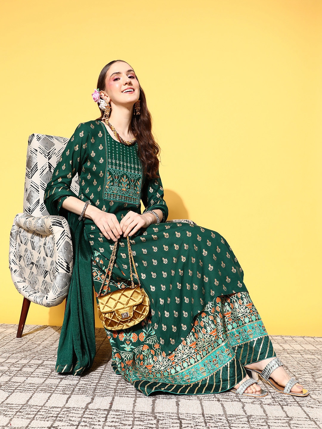

SheWill Women Green Ethnic Motifs Printed Gotta Patti Kurta with Skirt & With Dupatta