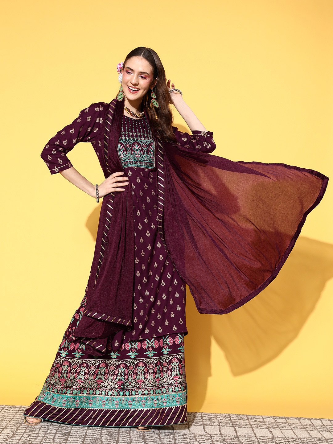 

SheWill Women Burgundy Ethnic Motifs Printed Sequinned Kurta with Skirt & With Dupatta