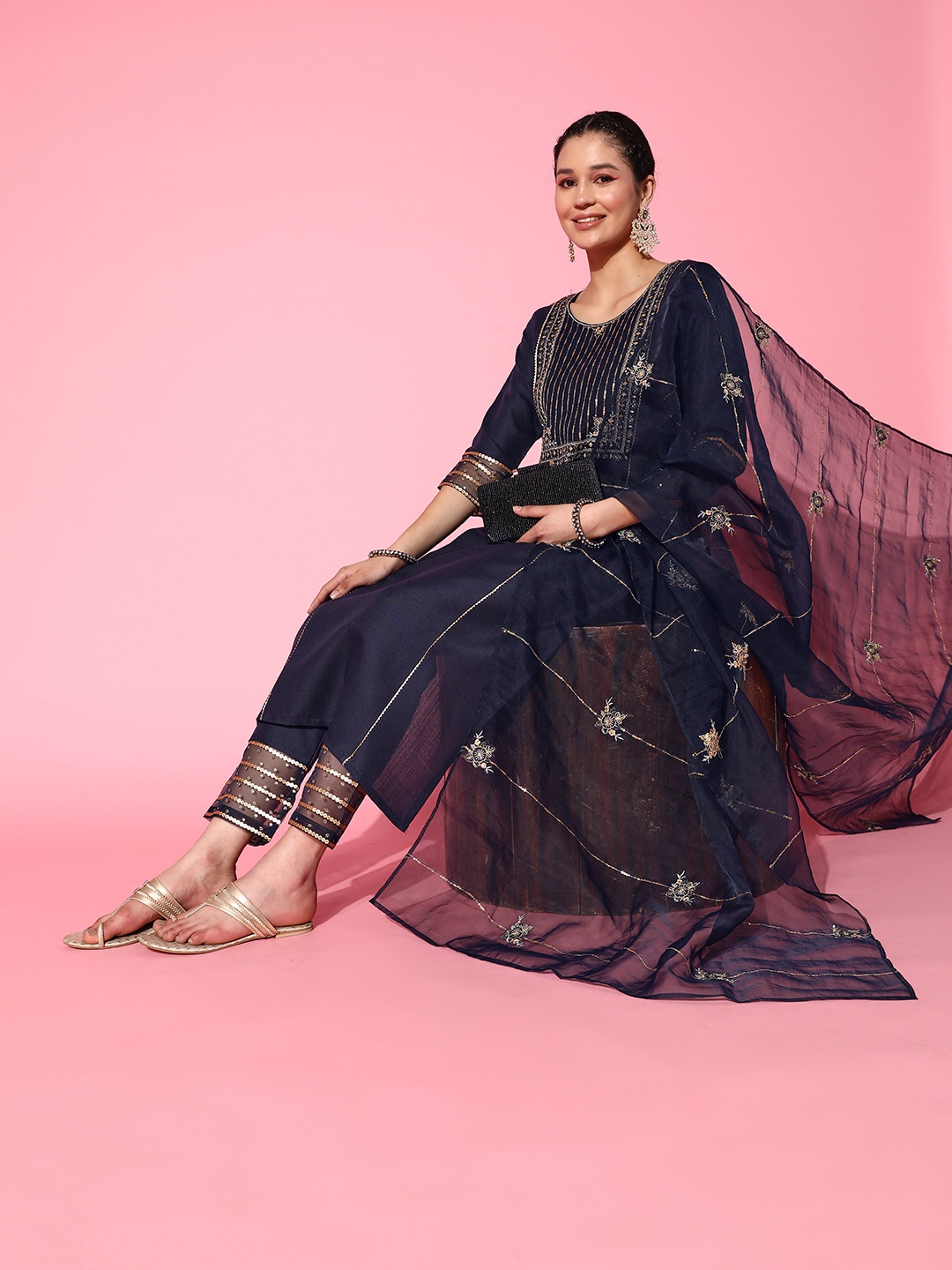 

SheWill Floral Embroidered Sequinned Kurta with Trousers & With Dupatta, Navy blue