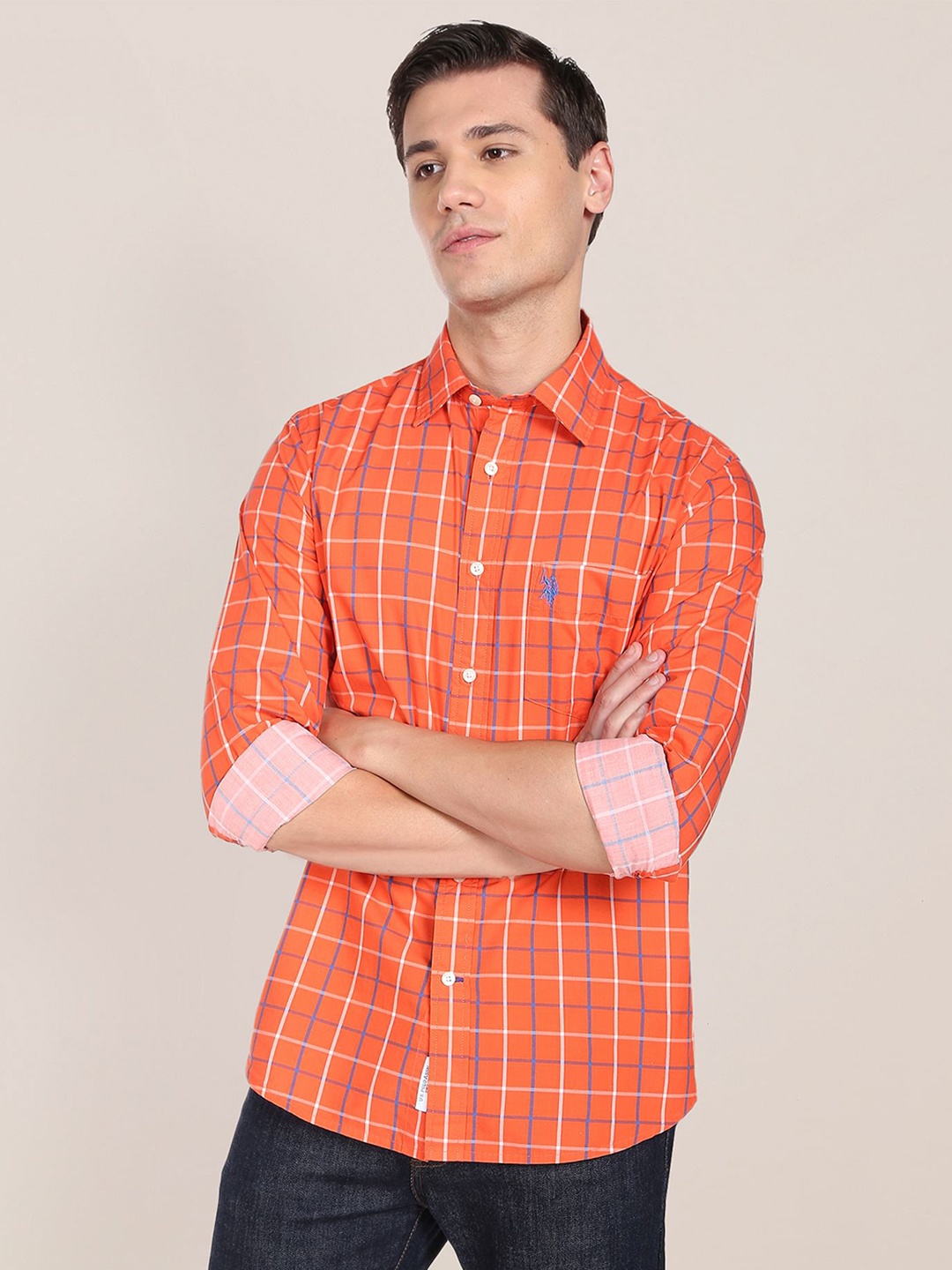 

U.S. Polo Assn. Men Checked Casual Cotton Shirt, Orange