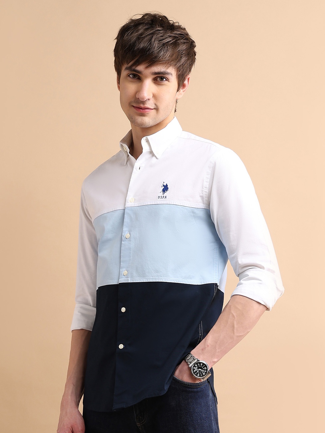 

U.S. Polo Assn. Colourblocked Casual Shirt, Blue