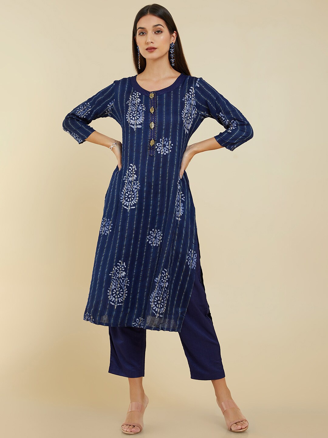 

Soch Women Ethnic Motifs Printed Kurta with Trousers, Navy blue