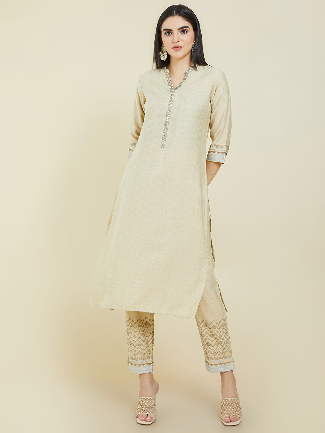 

Soch Women Art Silk Kurta with Trousers, Beige