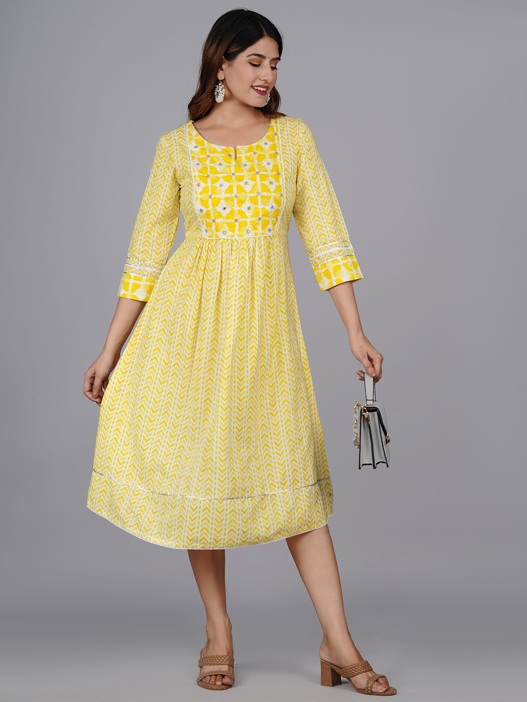 

KALINI Geometric Printed Cotton A-Line Midi Dress, Yellow