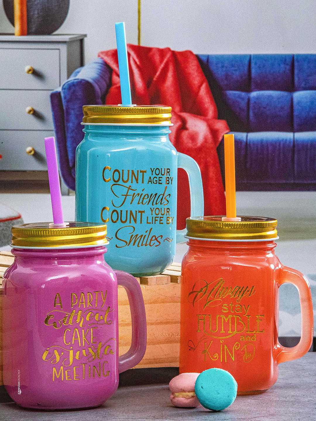 

GOODHOMES Red & Blue Set of 3 Floral Printed Glass Matte Mugs 450 ml Each
