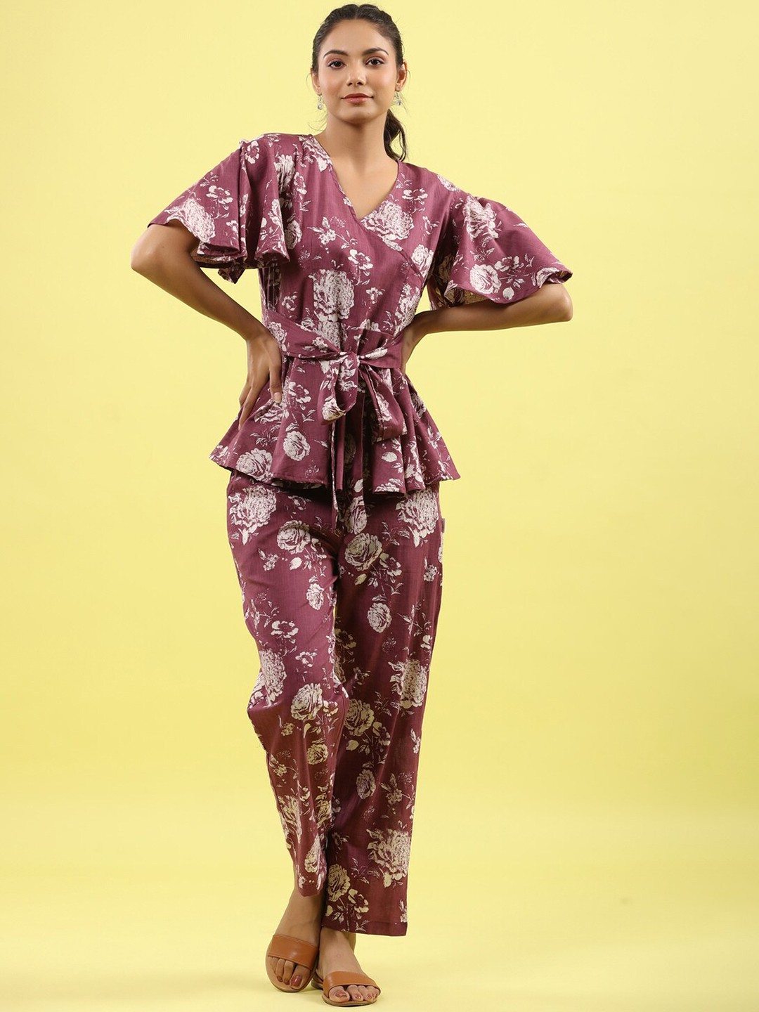 

JISORA Women Floral Printed Pure Cotton Night suit, Maroon