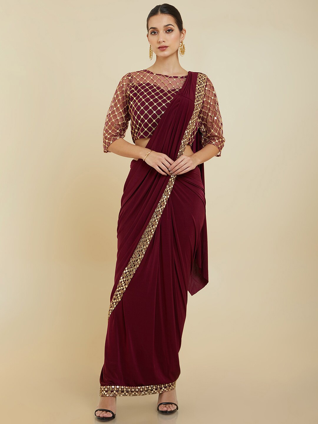 

Soch Embroidered Poly Crepe Saree, Maroon