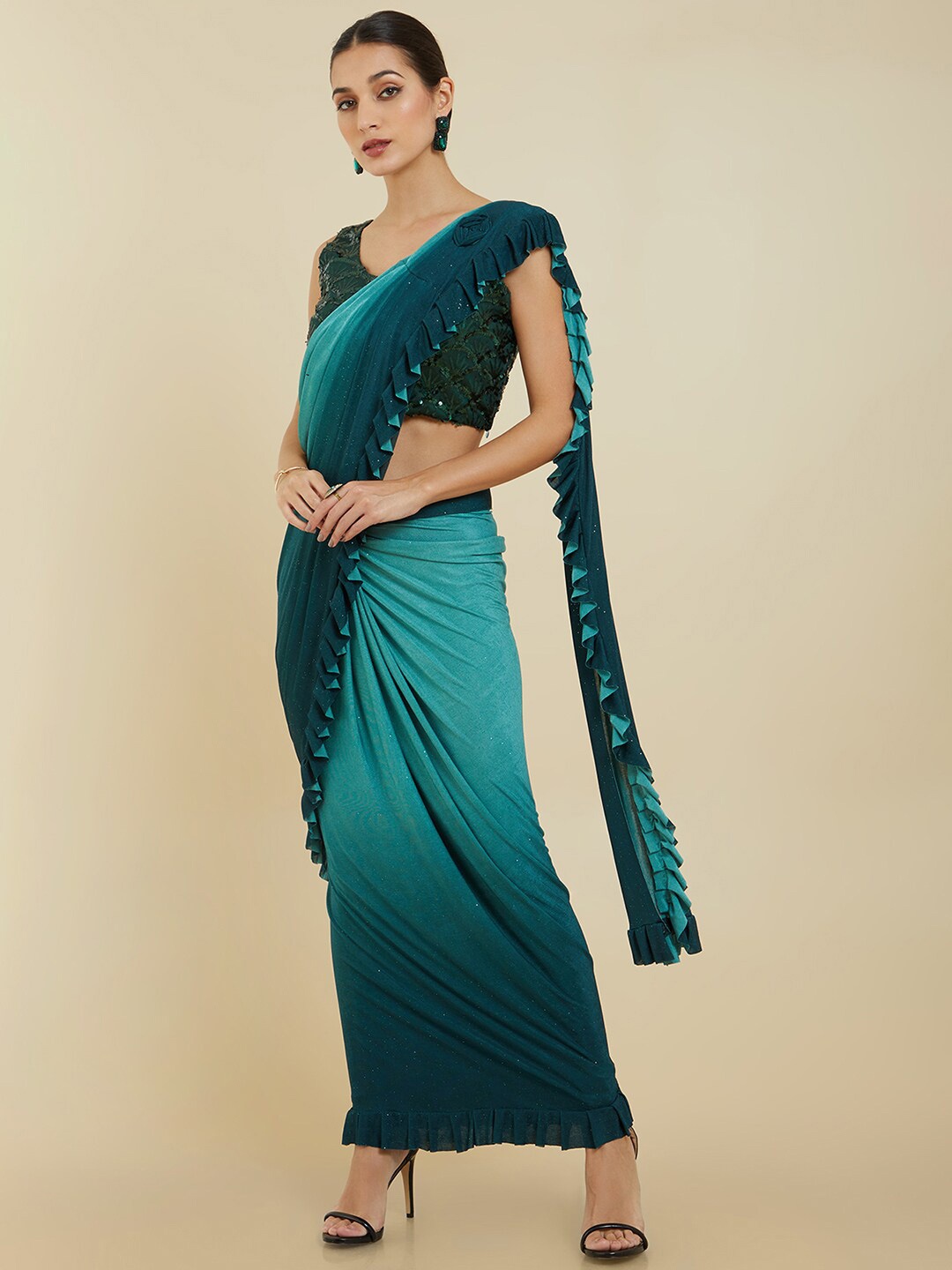 

Soch Teal Sequinned Poly Crepe Ready to Wear Saree