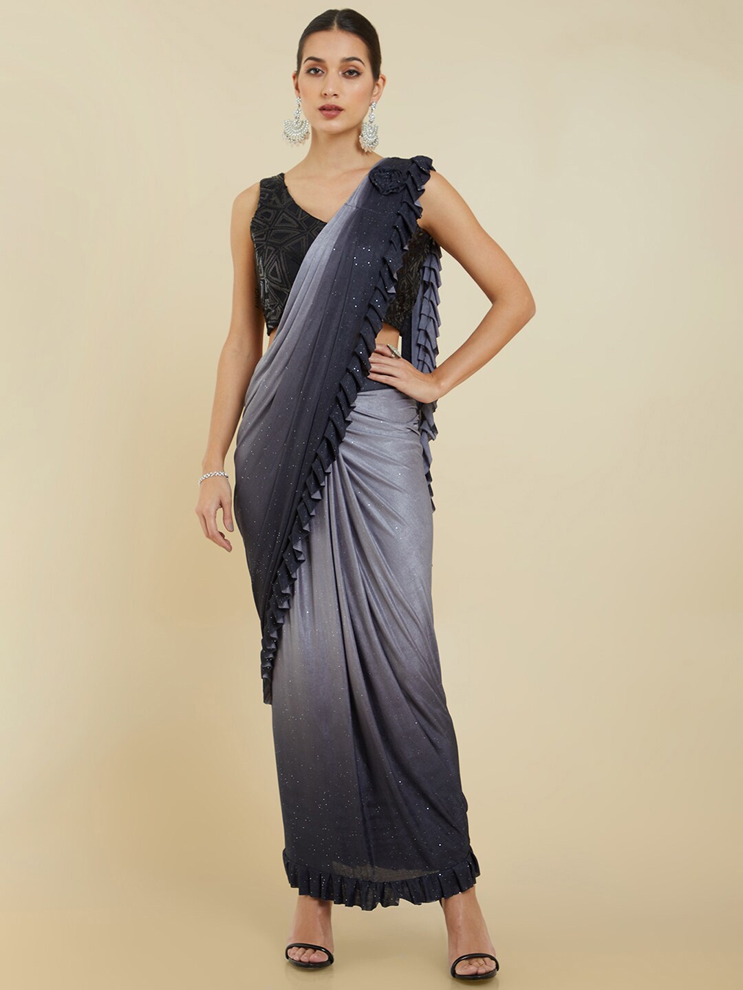 

Soch Black & Grey Sequinned Poly Crepe Ready to Wear Saree