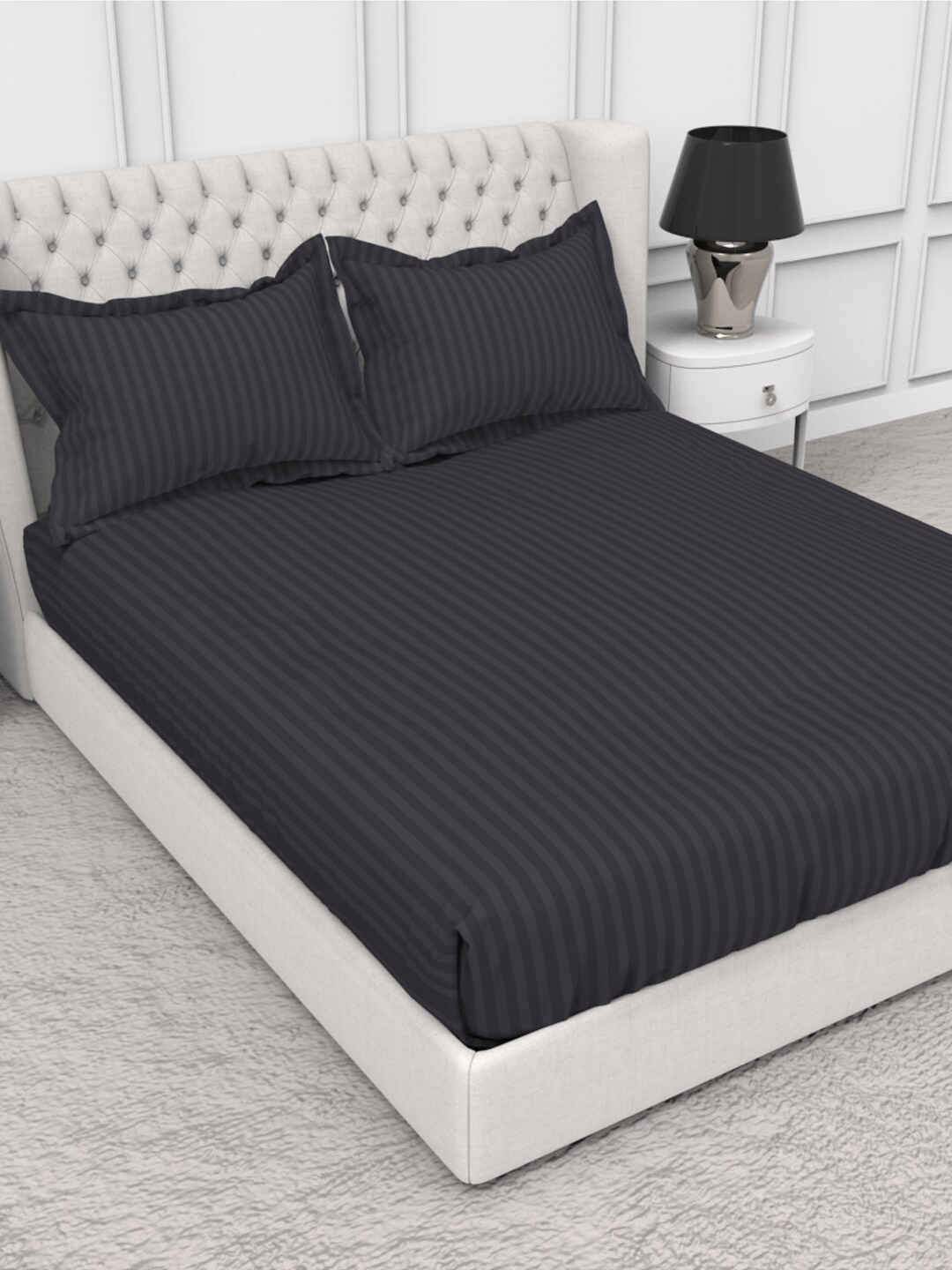 

THE WHITE MOSS Blanc Grey Pure Cotton 210 TC Fitted King Bedsheet with 2 Pillow Covers