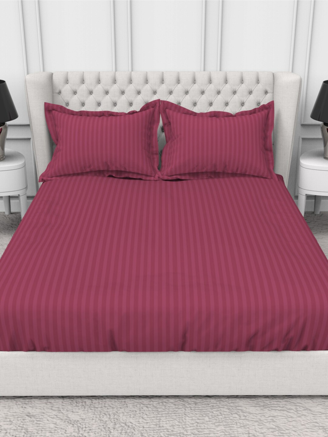

THE WHITE MOSS Blanc Pink Striped Pure Cotton 210 TC King Bedsheet with 2 Pillow Covers