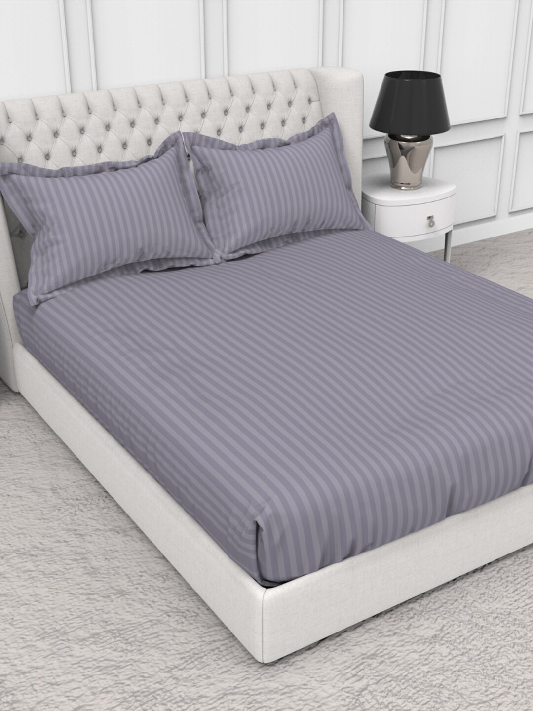 THE WHITE MOSS Blanc Silver-Toned Striped Pure Cotton 210 TC King Bedsheet with 2 Pillow Covers
