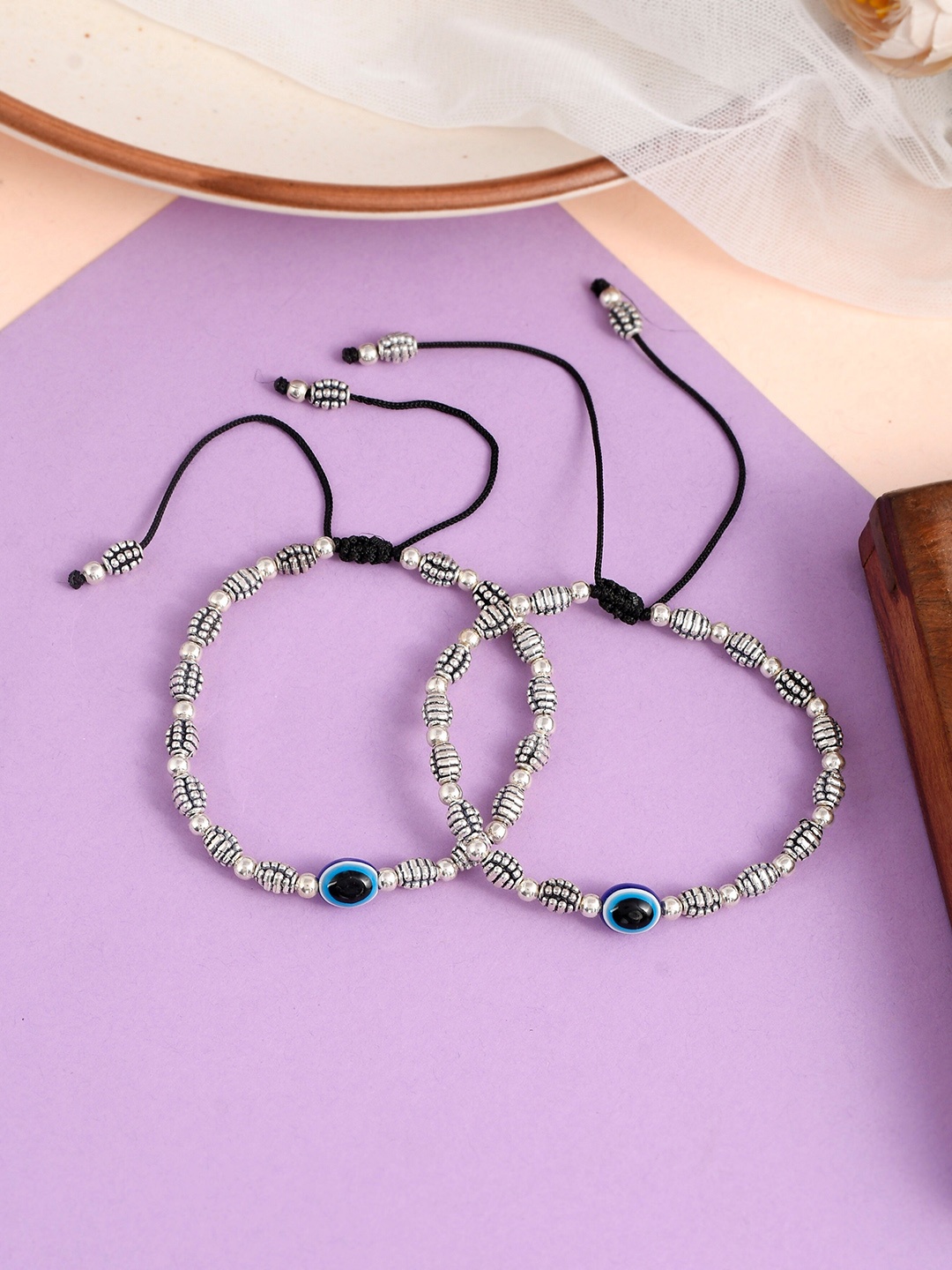 

Silvermerc Designs Set Of 2 Evil Eye Oxidised Anklets, Silver