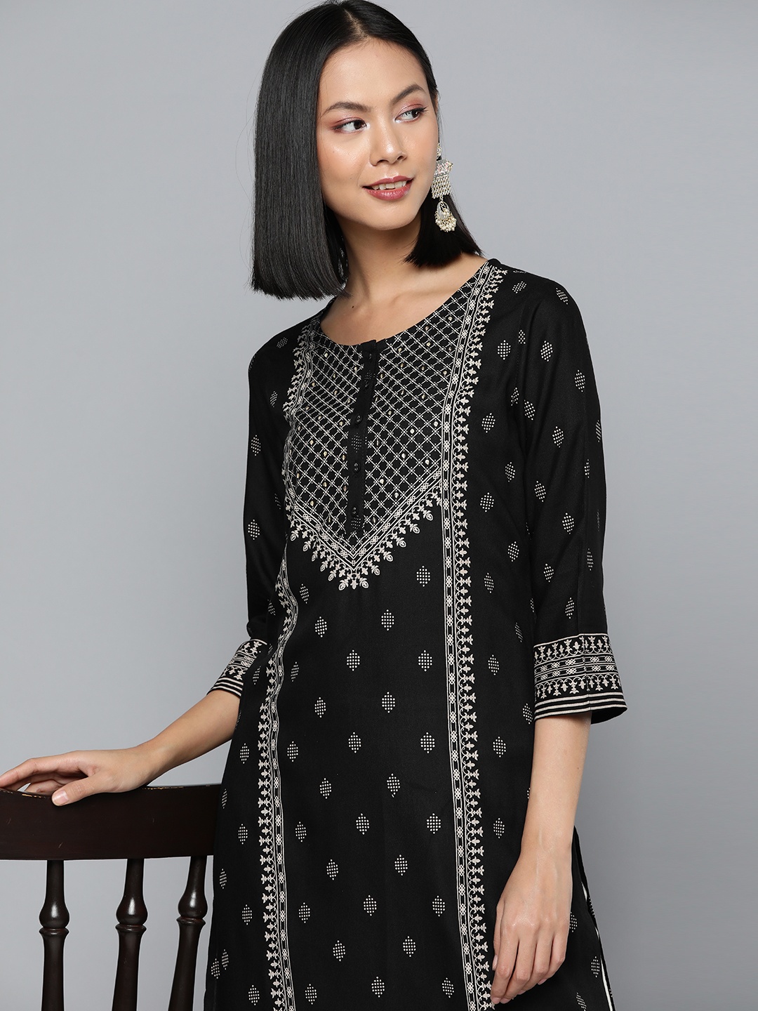 

HERE&NOW Women Ethnic Motifs Printed Kurta, Black