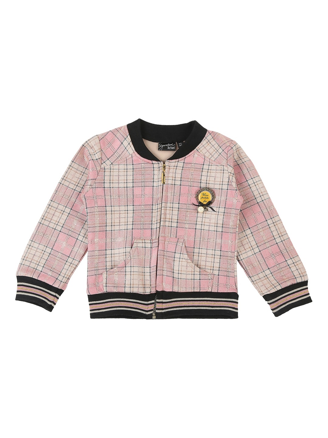 

Actuel Girls Geometric Checked Bomber Jacket, Pink